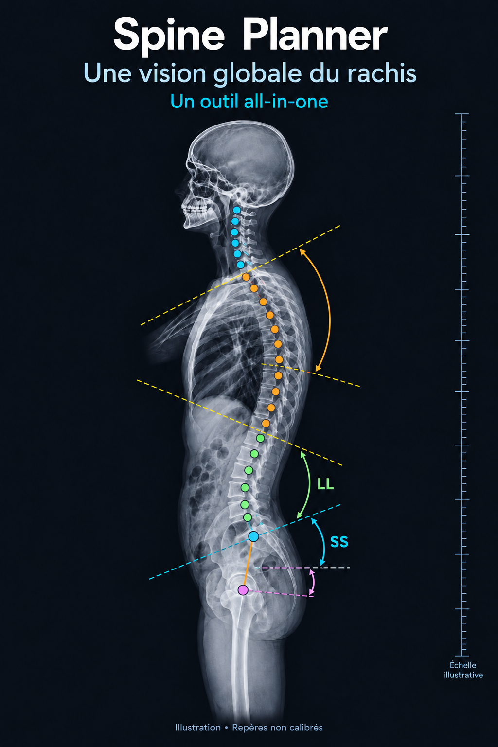 Spine Planner — Une vision globale du rachis. Un outil all-in-one. Illustration de profil avec repères et échelle illustrative.